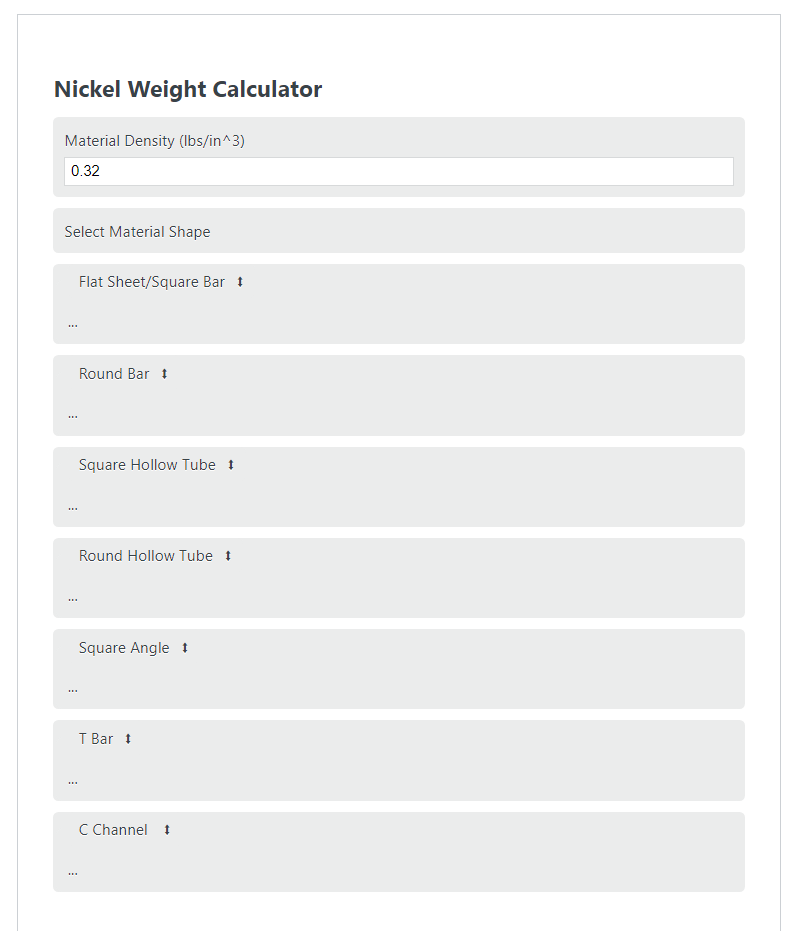 nickel weight calculator