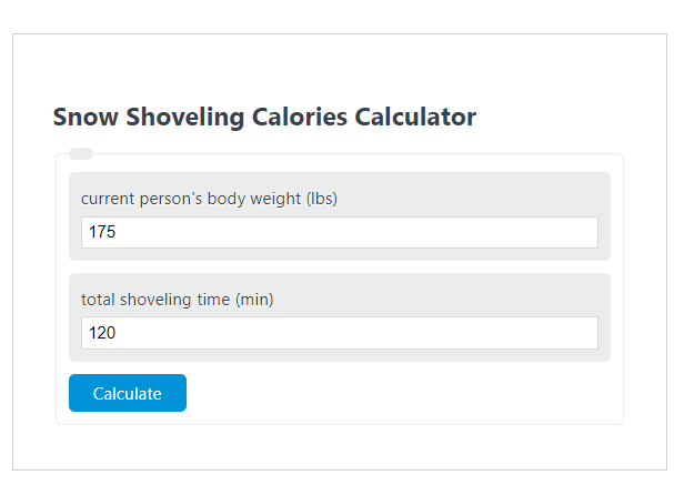 snow shoveling calories calculator