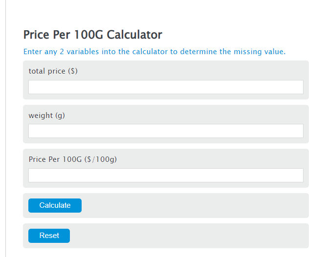 price per 100g calculator