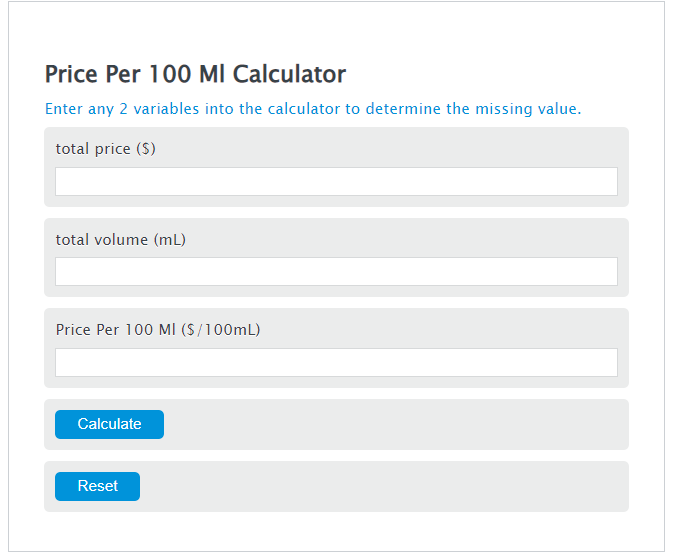 price per 100 ml calculator