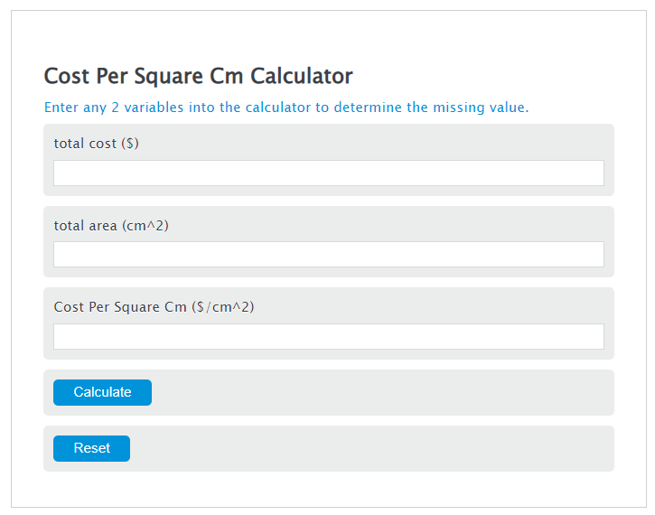 cost per square cm calculator