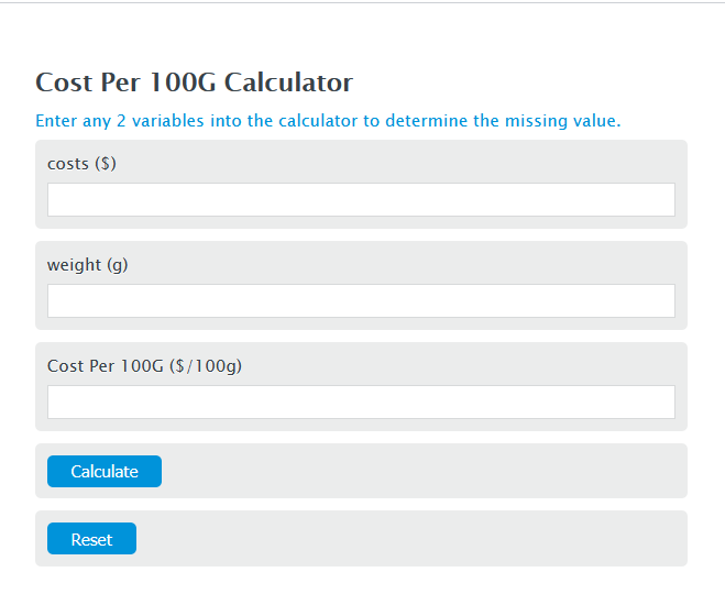 cost per 100g calculator
