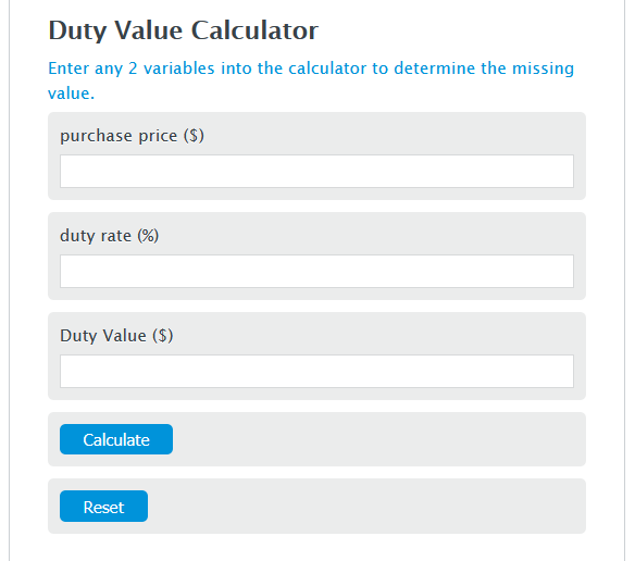 duty value calculator