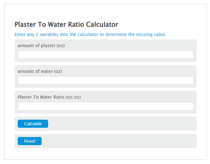 plaster to water ratio calculator