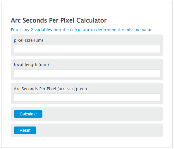 arc seconds per pixel calculator