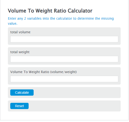 volume to weight ratio calculator