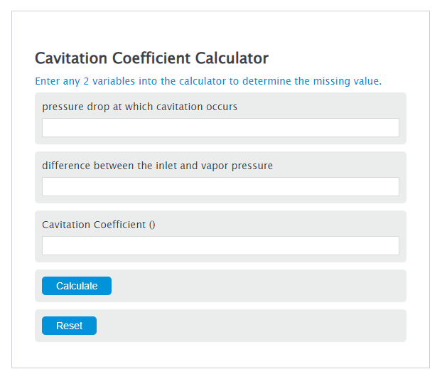 cavitation coefficient calculator