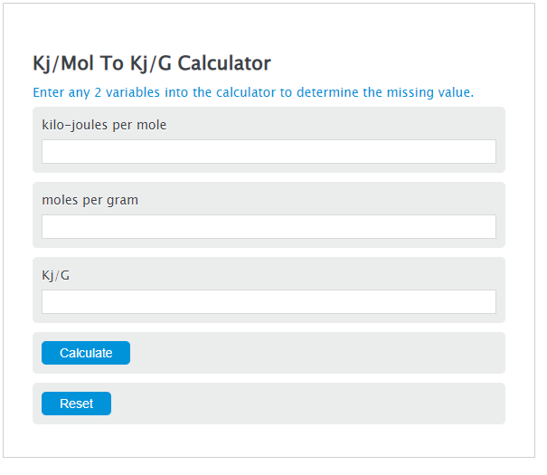 kj/mol to kj/g calculator
