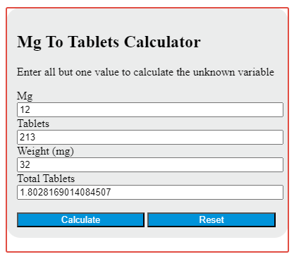 mg to tablets calculator