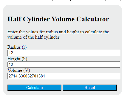 half cylinder volume calculator