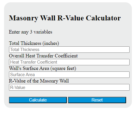 masonry wall r-value calculator