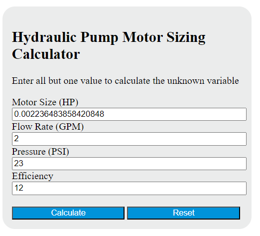 hydraulic pump motor sizing calculator