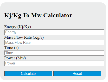 kj/kg to mw calculator