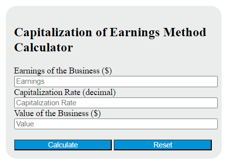 capitalization of earnings method calculator