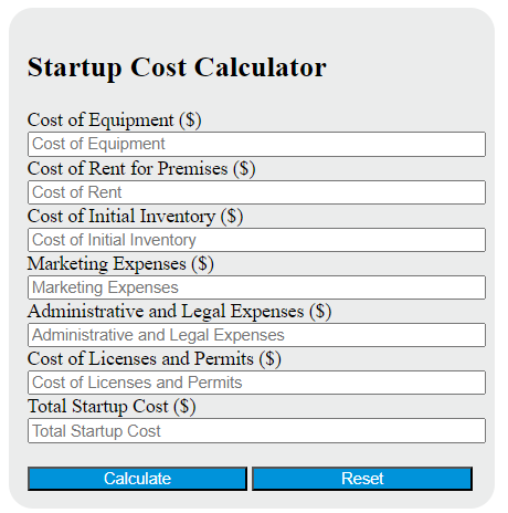 startup cost calculator