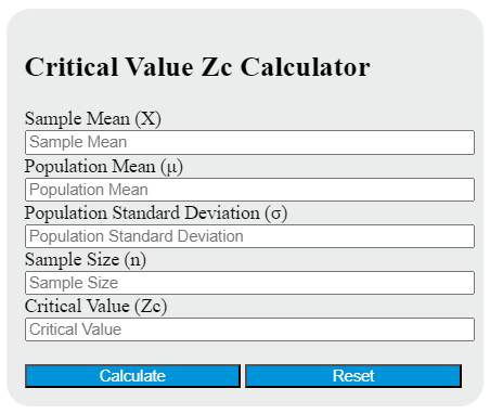 critical value zc calculator