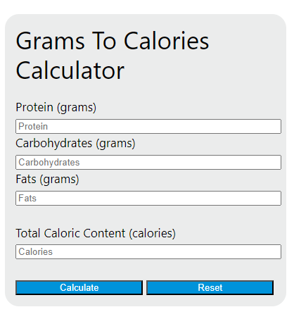 grams to calories calculator