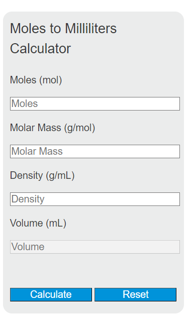 moles to milliliters calculator