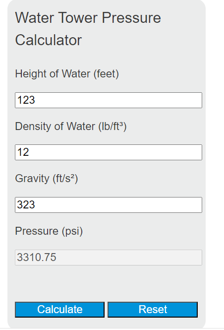 water tower pressure calculator