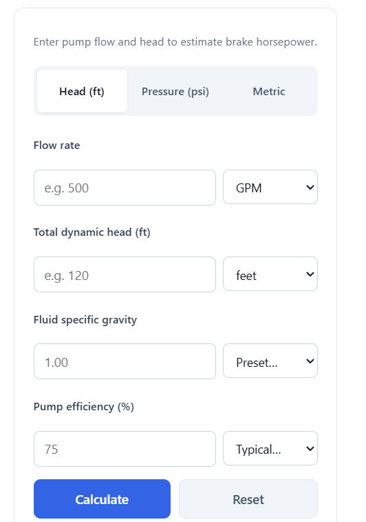 Pump Brake Horsepower Calculator