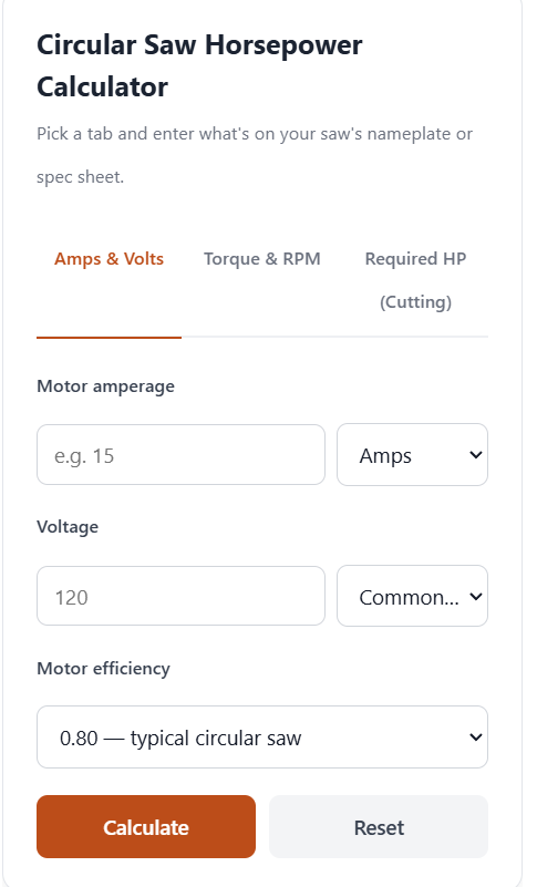 Circular Saw Horsepower Calculator
