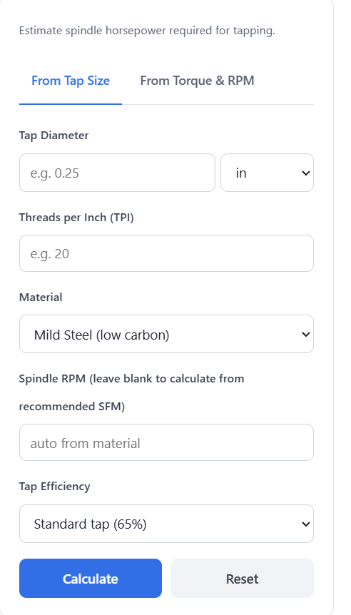 Tapping Horsepower Calculator