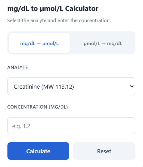mg/dl to umol/l Calculator
