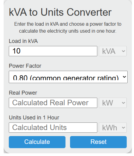 kva to units Converter