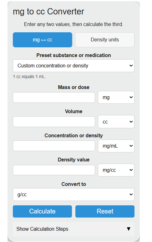 mg to cc Converter