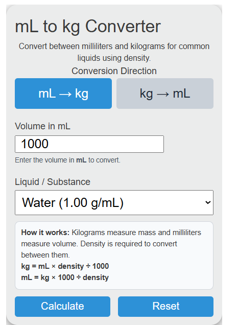 ml to kg Converter
