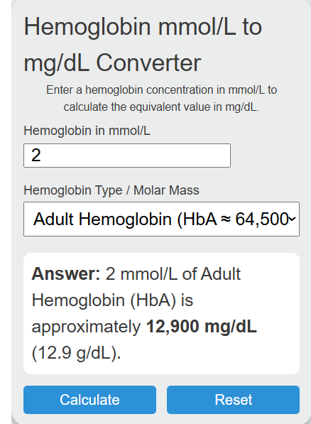 hemoglobin mmol/l to mg/dl Converter