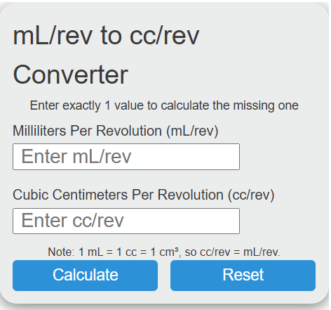 ml/rev to cc/rev Converter