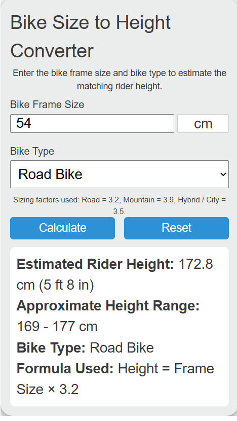 bike size to height Converter