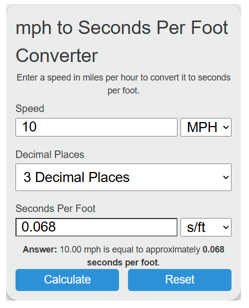 mph to seconds per feet Converter
