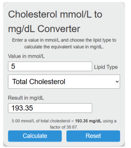 Cholesterol mmol/L to mg/dL Converter - Convert Both Ways - Calculator ...
