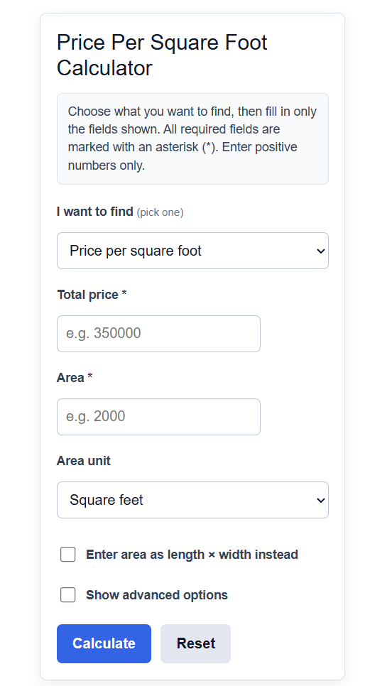 Price Per Square Foot Calculator