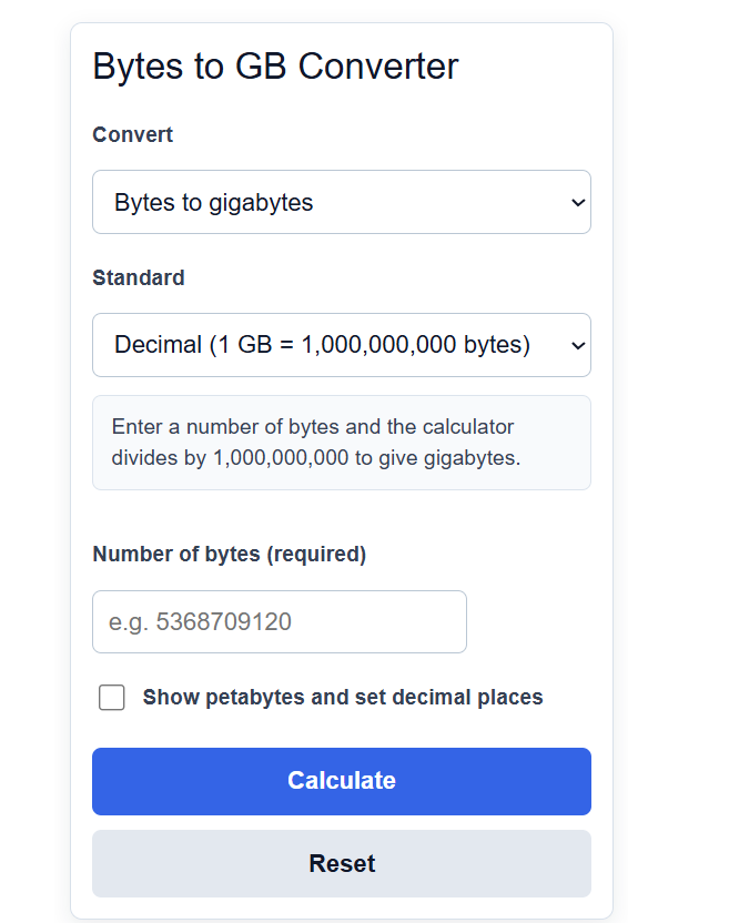 Bytes To Gb Converter Calculator