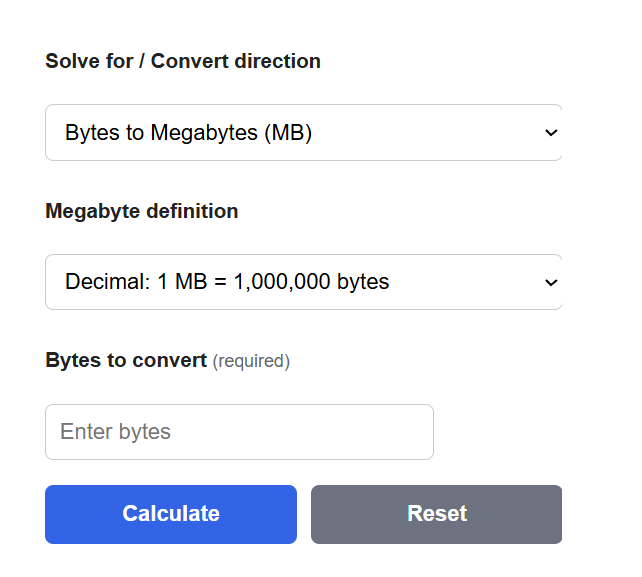 Bytes To Mb Converter Calculator