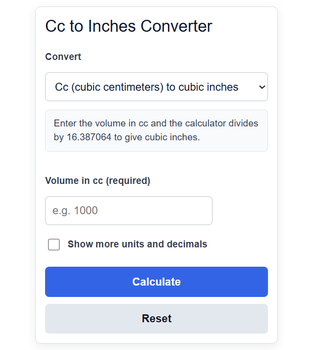 Cc To Inches Converter Calculator