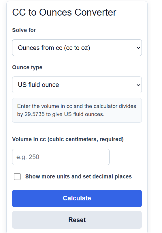 Cc To Ounces Converter Calculator