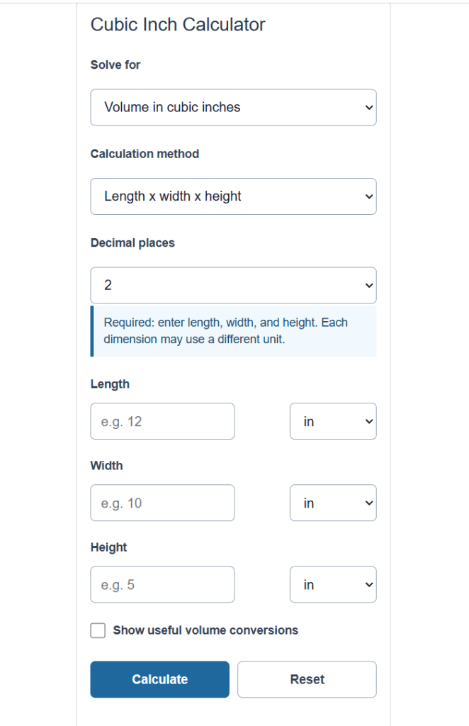 cubic inch calculator