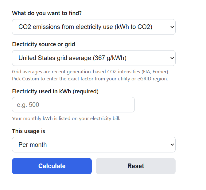 Electricity kWh to CO2 Emissions Calculator
