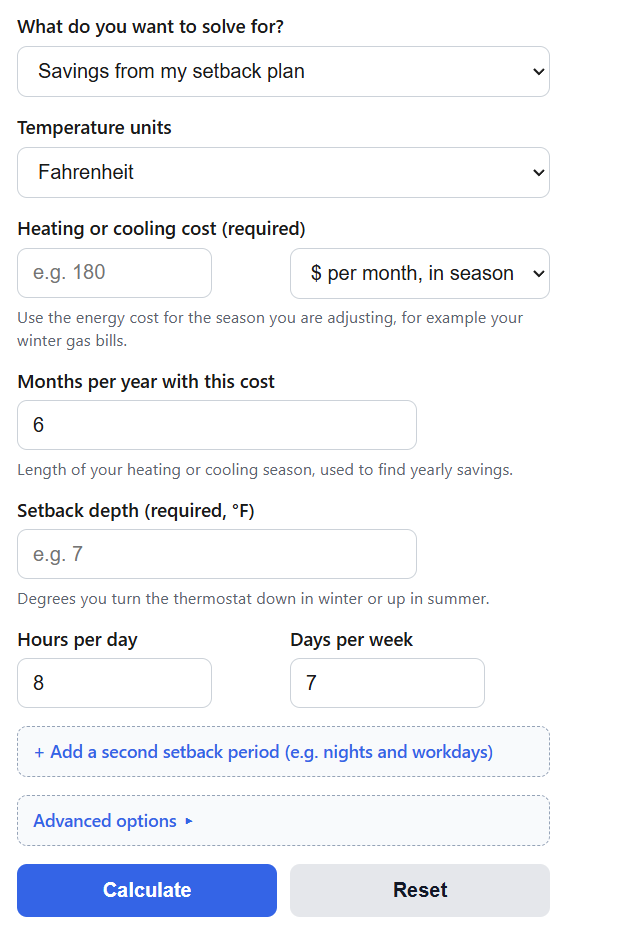Thermostat Setback Savings Calculator