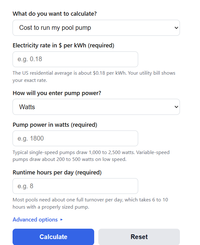 Pool Pump Energy Cost Calculator