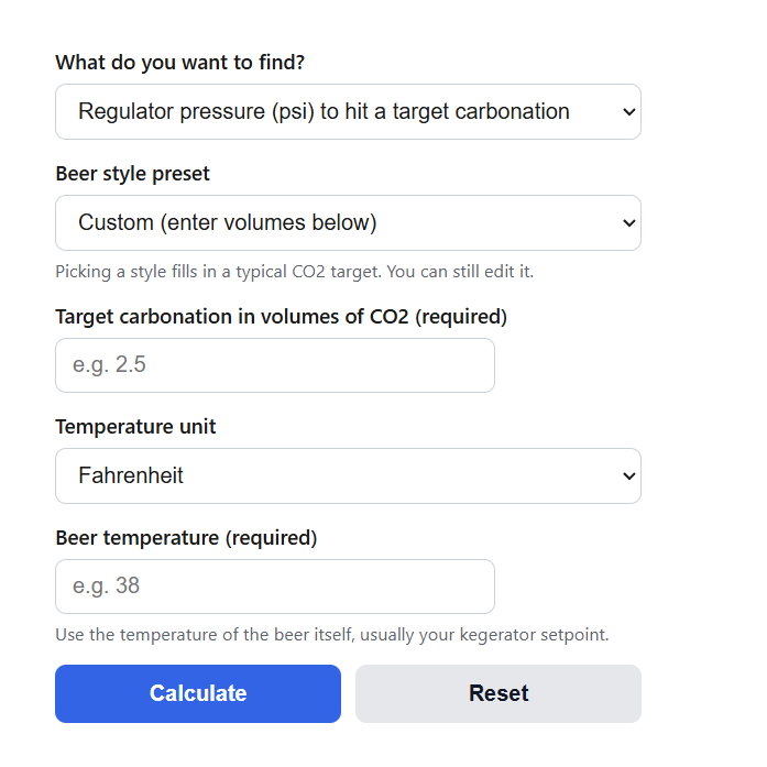 Keg Carbonation CO2 Pressure Calculator