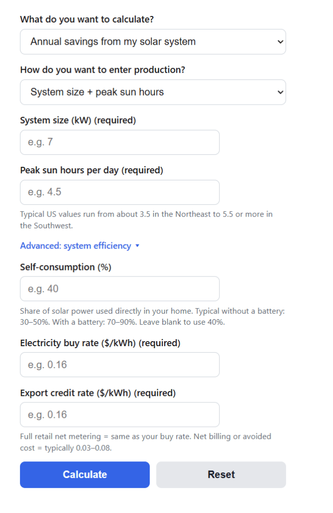 Net Metering Savings Calculator