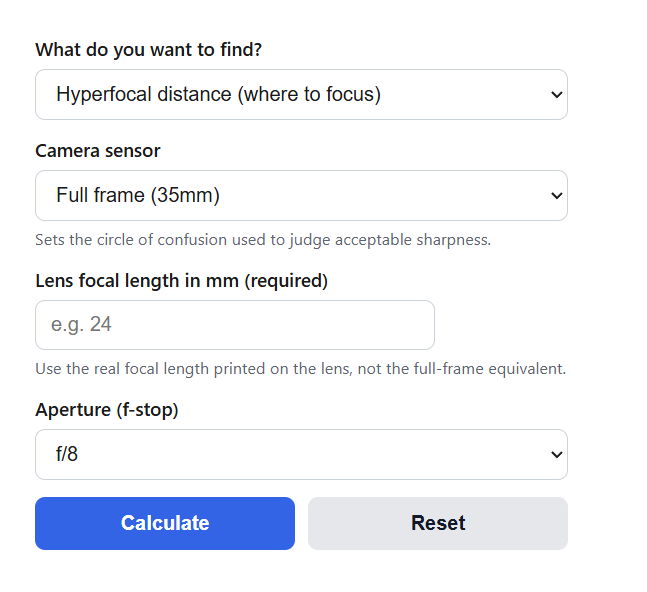 Hyperfocal Distance Calculator