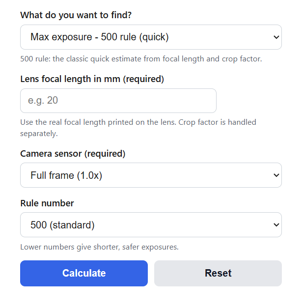 500 Rule Astrophotography Exposure Calculator