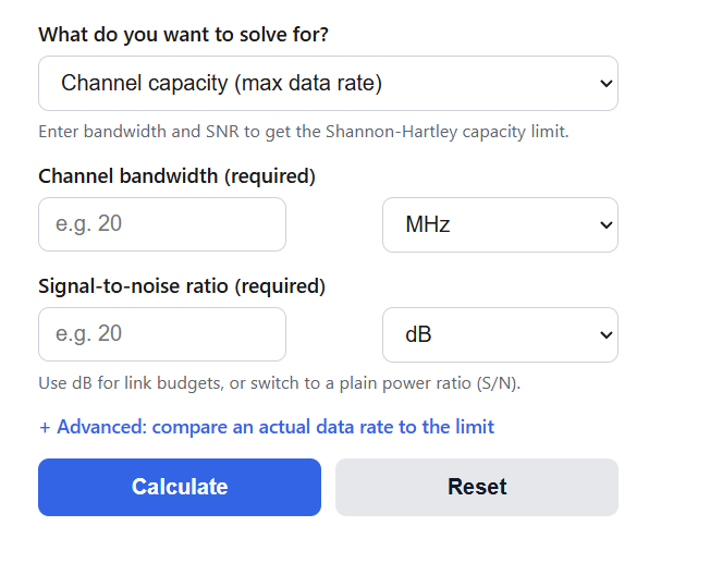Shannon Channel Capacity Calculator
