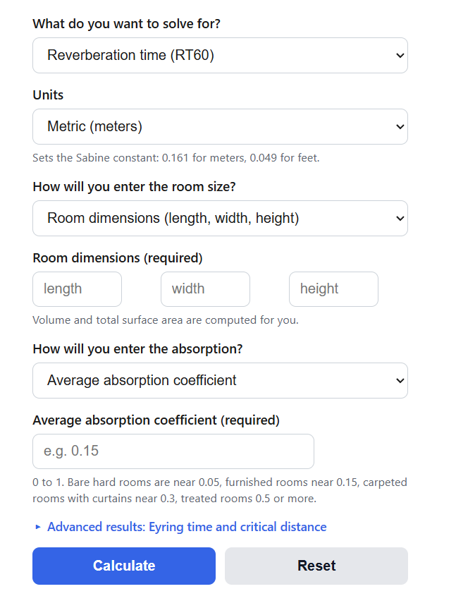Sabine Reverberation Time Calculator